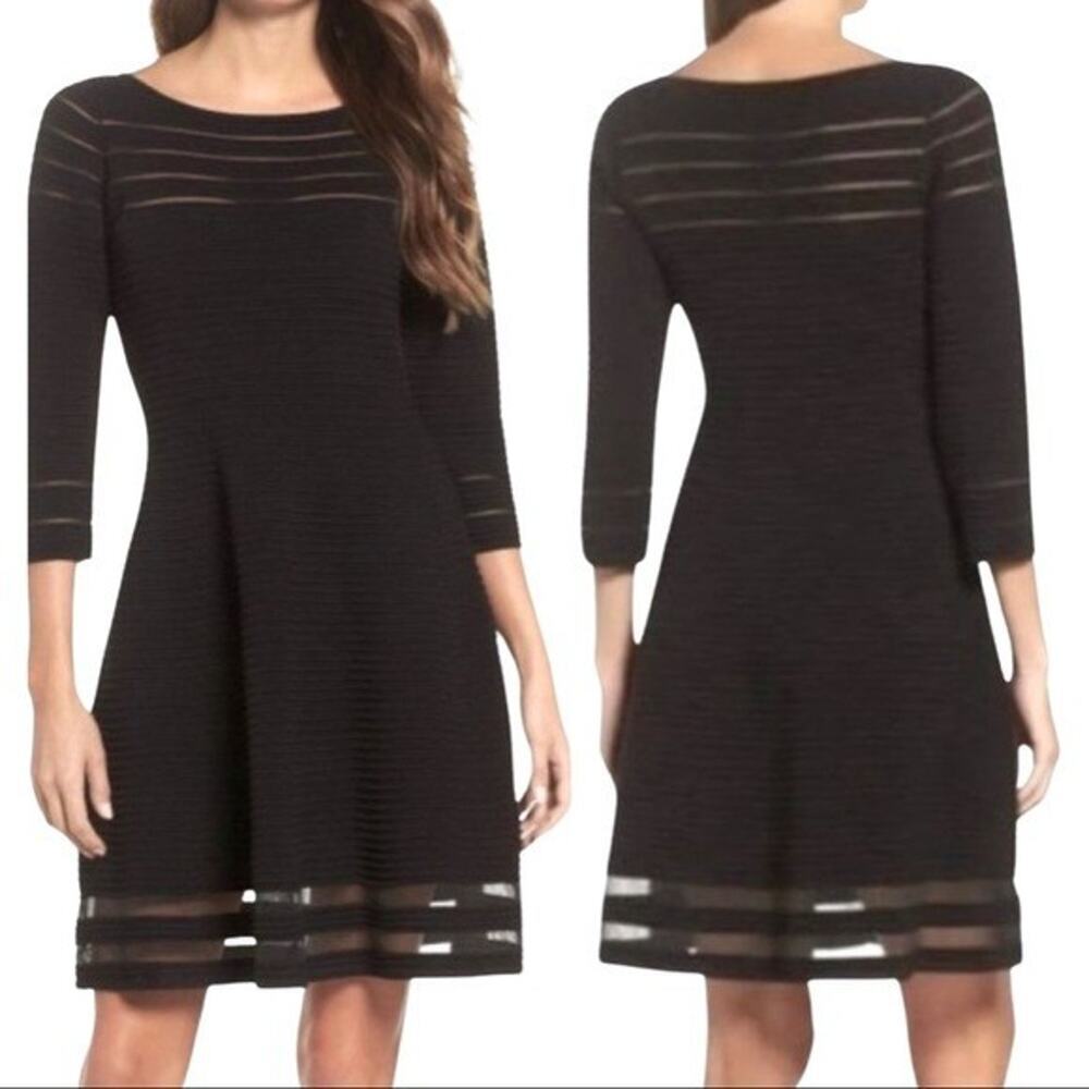 Eliza J Mesh Striped Fit and Flare Knit Black Dress XS